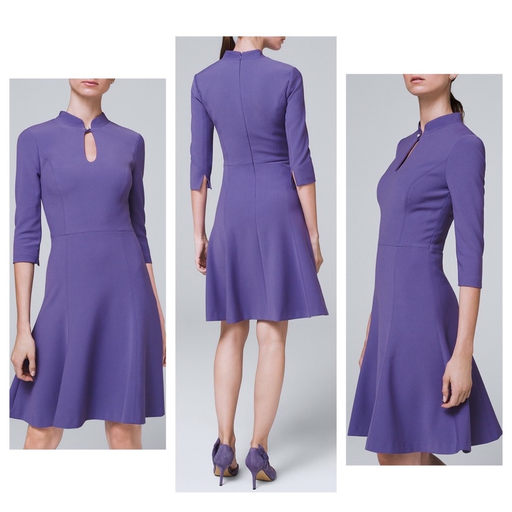 White House Black Market purple keyhole 3/4 sleeve Fit-And-Flare Dress 2